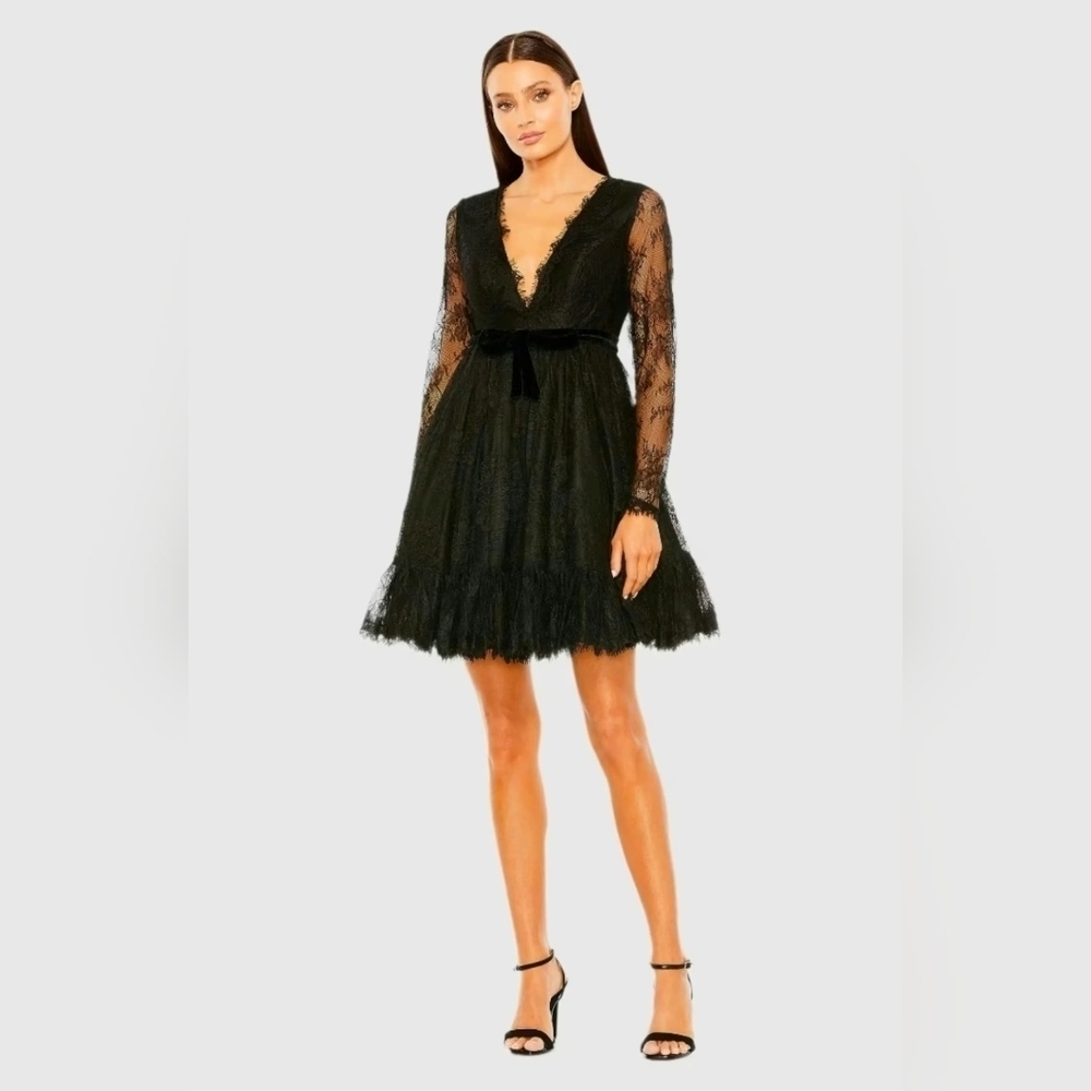 NWT! Ieena for Mac Duggal, LongSleeve Deep V Lace Babydoll Dress, Black